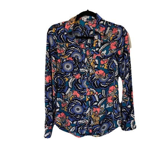 Express Womens Size XS Top Floral Button Up Blouse Roll Tab Sleeves - Picture 1 of 6